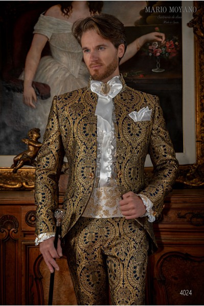 Gothic blue frock coat gold brocade with decorations on the neck