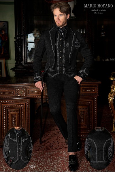 Black jacquard gothic tailcoat with dragon embroidery