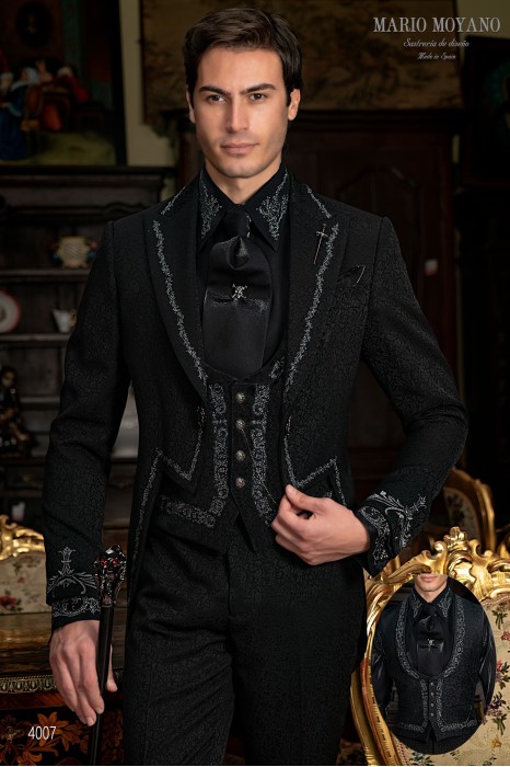 Black jacquard gothic tailcoat with silver embroidery