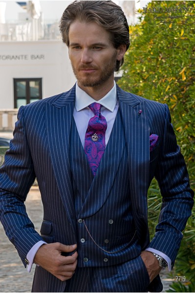 Blauer Nadelstreifen-Hochzeitsanzug aus reiner Wolle 2719 Mario Moyano