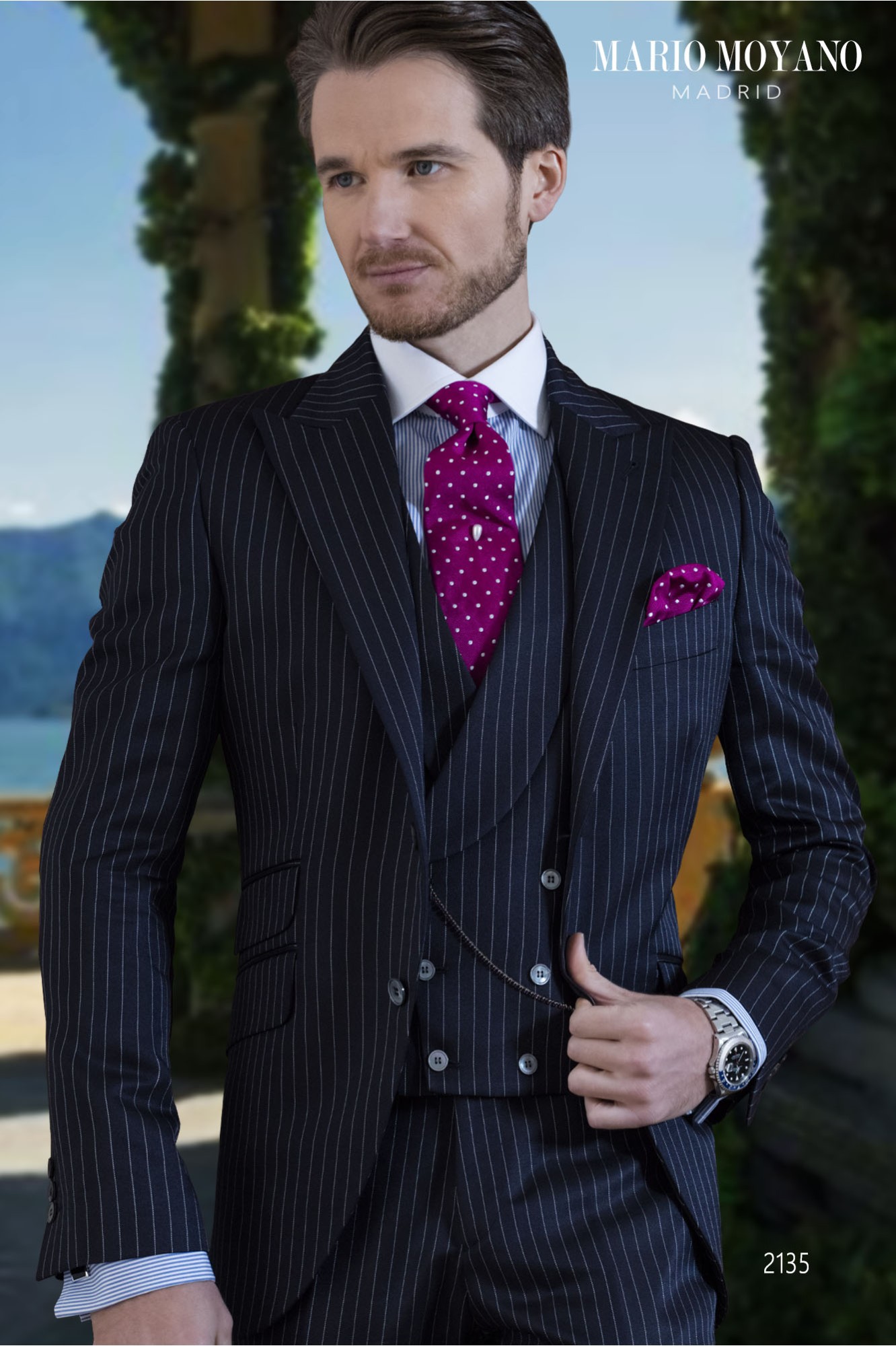 Bespoke pure wool navy blue pinstripe wedding suit model 2135 Mario Moyano