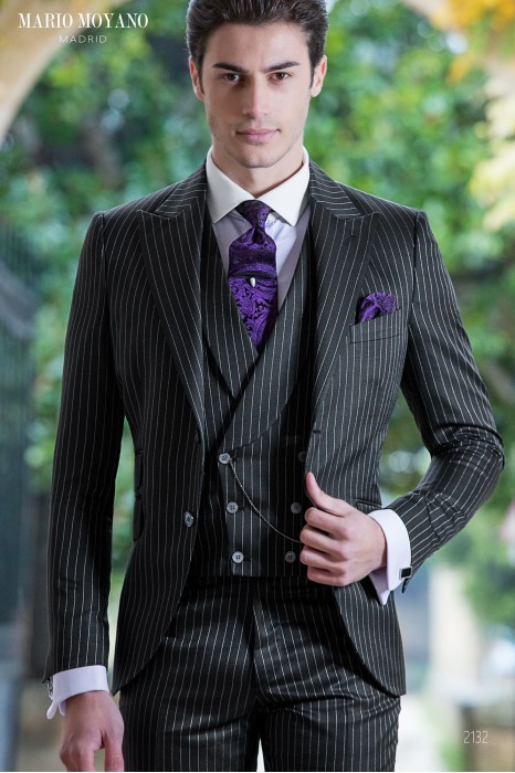 Maßgeschneiderter schwarzer Nadelstreifen-Hochzeitsanzug aus reiner Wolle Modell 2132 Mario Moyano