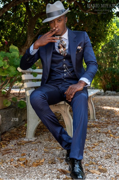 Bespoke pure wool blue pinstripe wedding suit model 2708 Mario Moyano