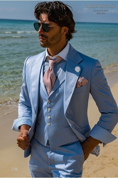 Costume de mariage en coton bleu clair sur mesure modèle 2816 Mario Moyano