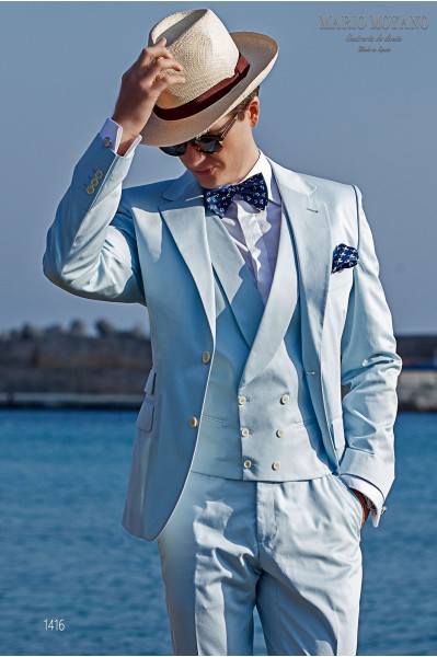 Costume de mariage en coton bleu clair sur mesure modèle 1416 Mario Moyano