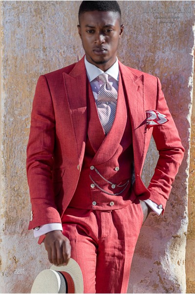 Bespoke red pure linen men wedding suit model 2201 Mario Moyano