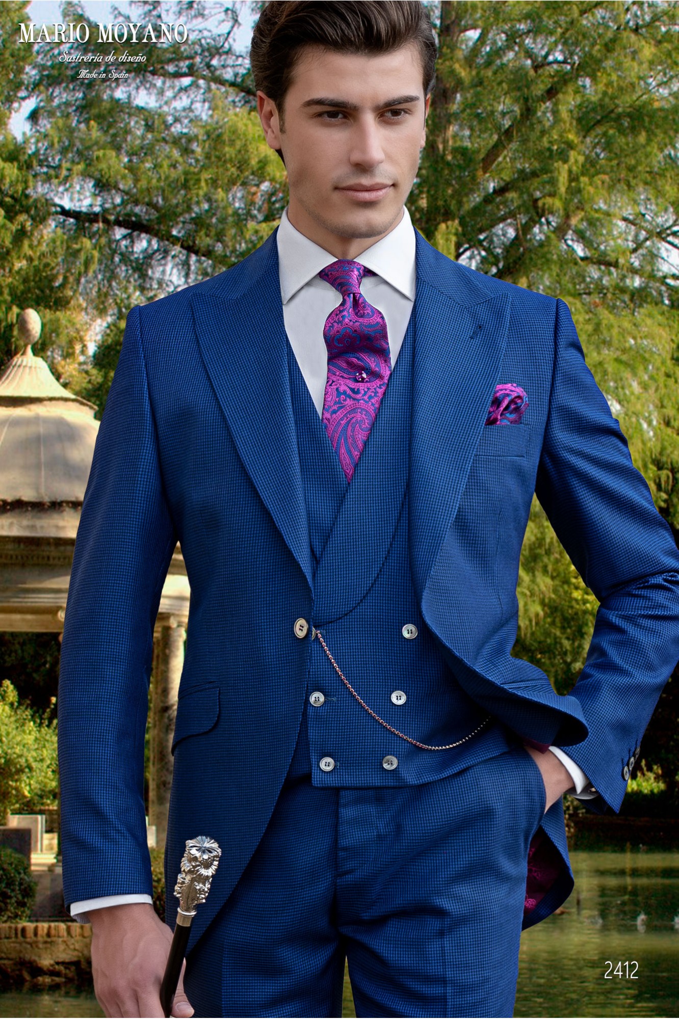 Blauer Hochzeits-Gehrock-Anzug mit Hahnentrittmuster aus reiner Wolle Modell 2412 Mario Moyano