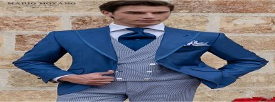 Blauer Hochzeits Gehrock Anzug aus reiner Wolle mit Satinprofil am Revers, Modell 2320 Mario Moyano