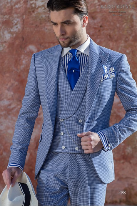 Hellblauer Hochzeitsanzug mit Hahnentrittmuster aus reiner Wolle Modell 2188 Mario Moyano