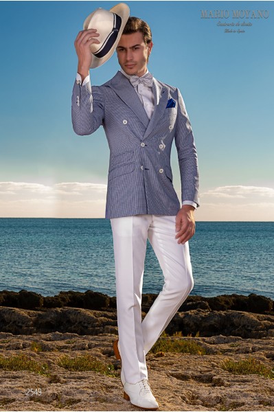 Costume croisé de mariage pied de poule bleu clair en pure laine sur mesure, modèle 2549 Mario Moyano