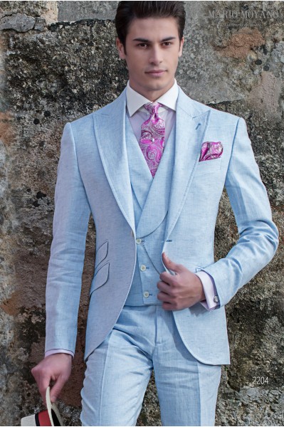 Maßgeschneiderter Hochzeitsanzug aus hellblauem Leinen mit modernem taillierten Schnitt 2204 Mario Moyano