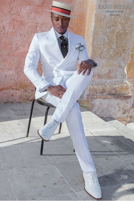 Maßgeschneiderter zweireihiger Hochzeitsanzug aus Weißem Leinen mit modernem taillierten Schnitt 2198 Mario Moyano