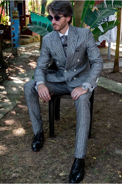 Bespoke grey pinstripe linen double-breasted wedding suit model 2813 Mario Moyano