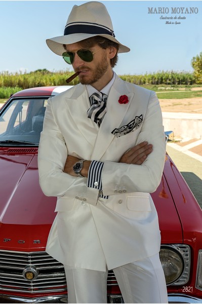 Bespoke white shantung double-breasted wedding suit model 2821 Mario Moyano