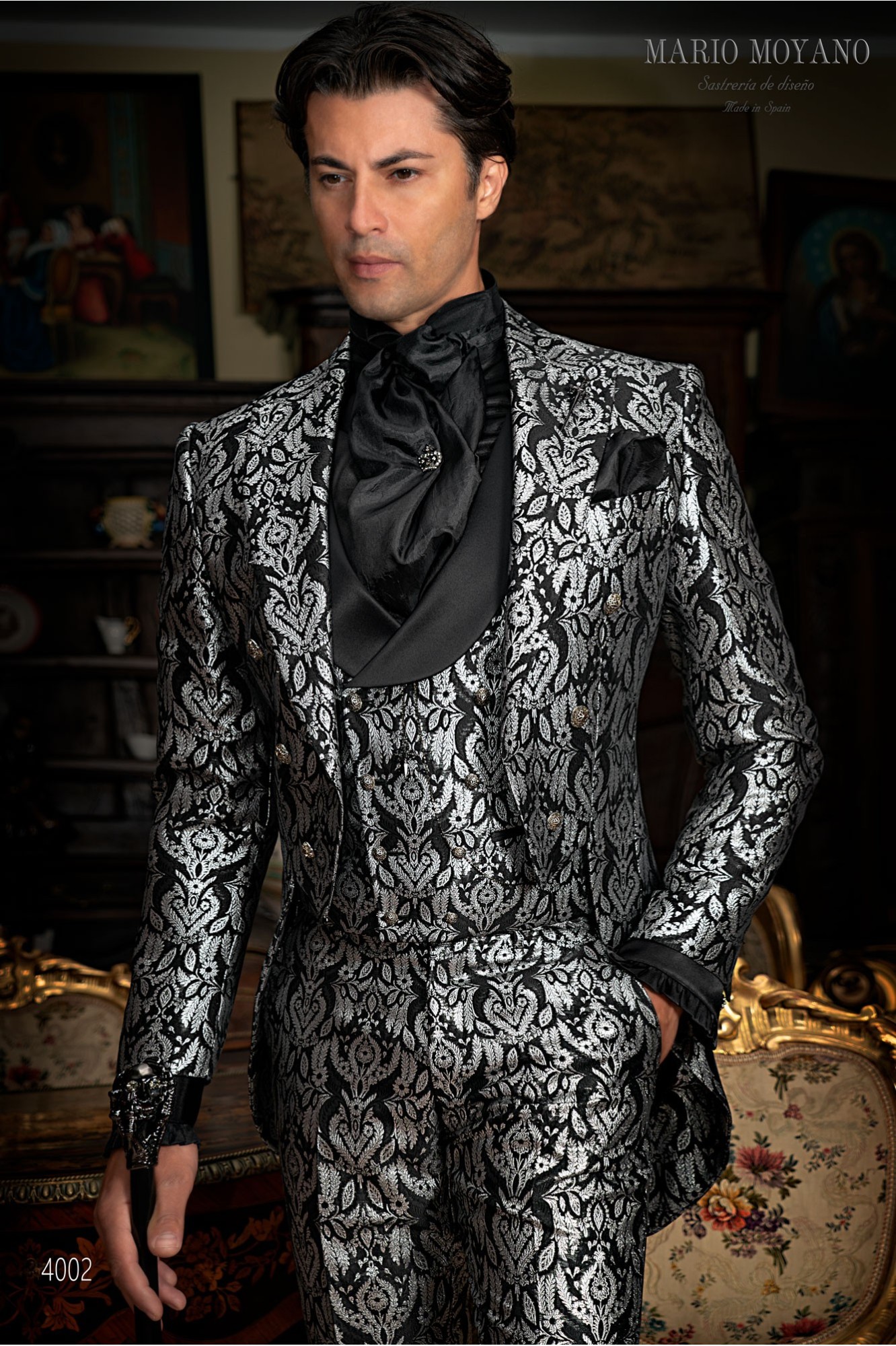 Black with silver floral brocade Gothic tailcoat
