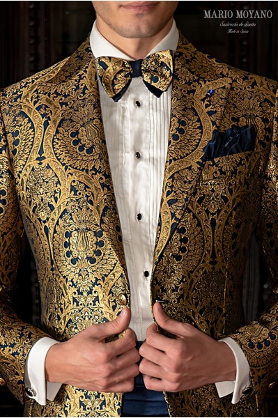 Blue party blazer in gold floral brocade jacquard 4020