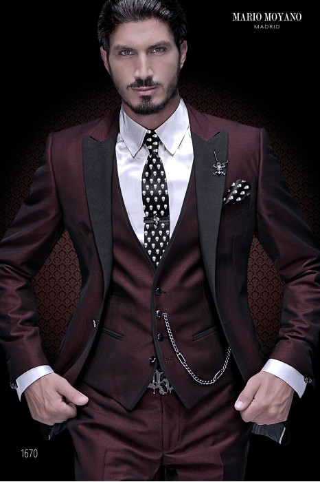 Bespoke dark red modern groom suit with black peak lapels 1670 Mario Moyano
