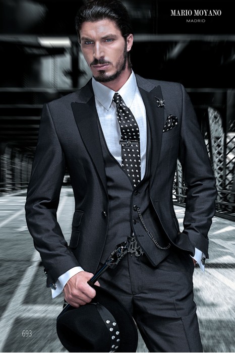 Bespoke grey modern groom suit with black peak lapels 693 Mario Moyano