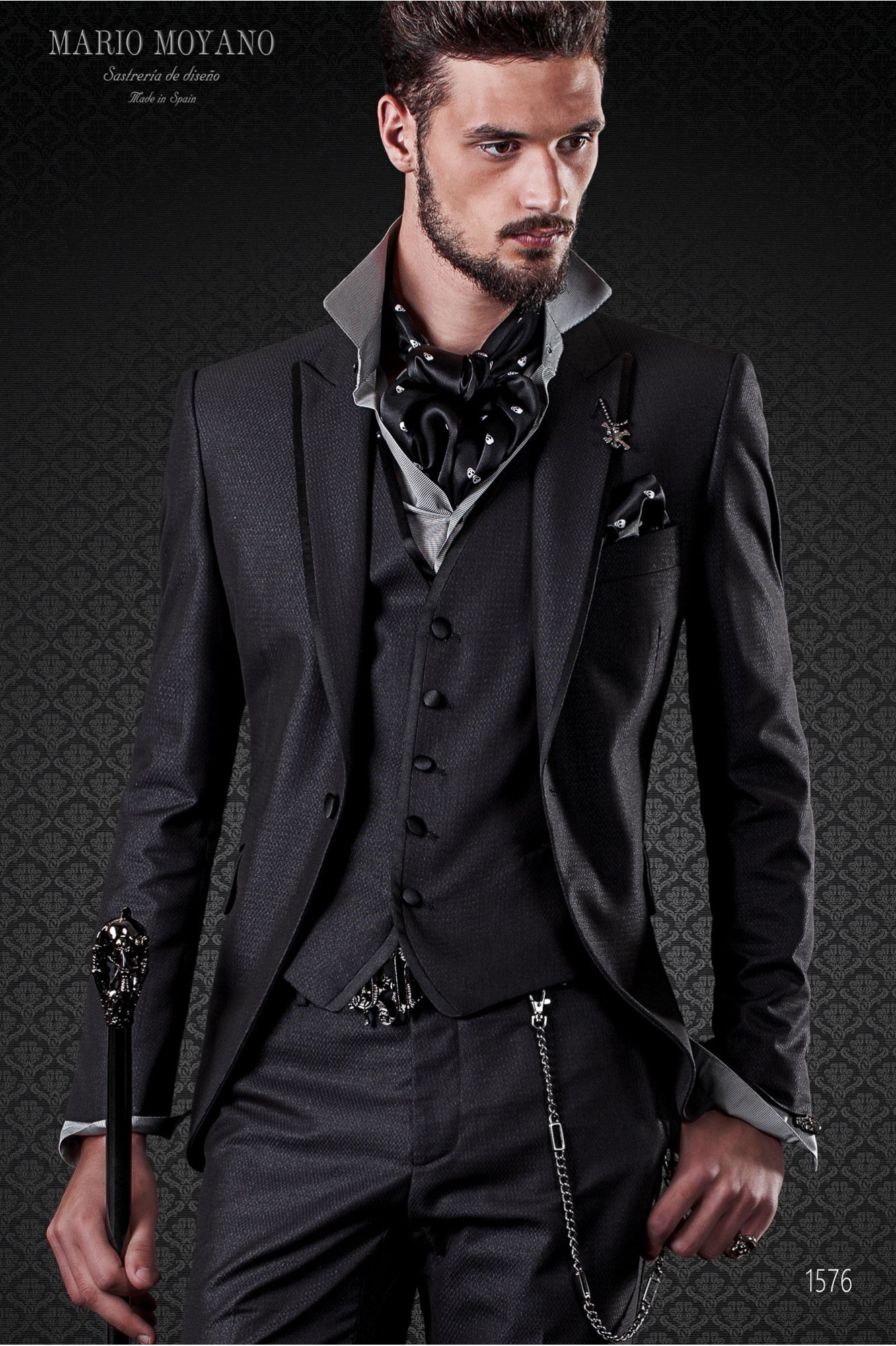 Lurex grey gothic rock modern groom suit with black profile on lapels 1576 Mario Moyano