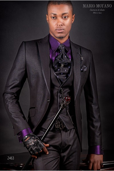 Lurex grey gothic rock modern groom suit with black profile on lapels 2463 Mario Moyano