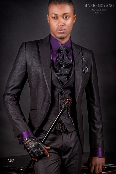 Lurex grey gothic rock modern groom suit with black profile on lapels 2463 Mario Moyano