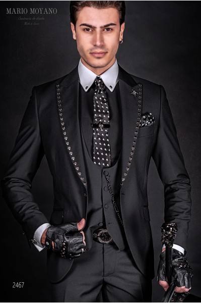 Black gothic rock modern groom suit with skulls on lapels 2467 Mario Moyano