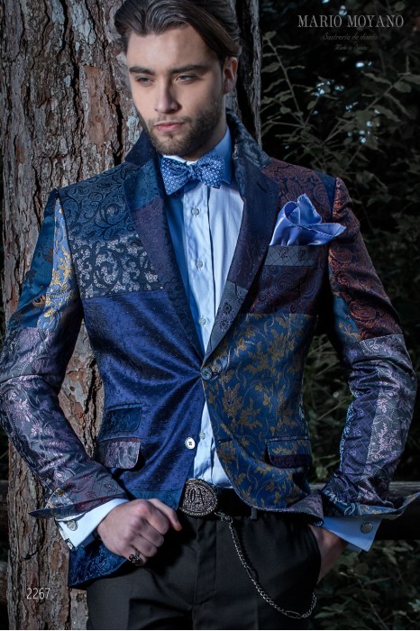 Pure silk jacquard patchwork party blazer in blue tones 2267 Mario Moyano