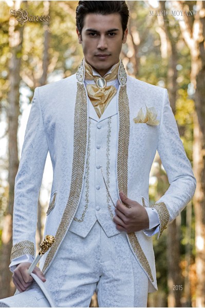 Baroque wedding suit, vintage frock coat in white floral brocade fabric, Mao collar with gold rhinestones 2015