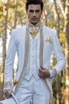 Costume de mariage baroque, redingote vintage en tissu de brocart floral blanc, collier Mao avec strass doré 2015