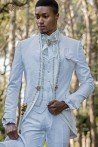 Baroque groom suit, vintage mao collar frock coat in white jacquard fabric with golden embroidery and crystal clasp