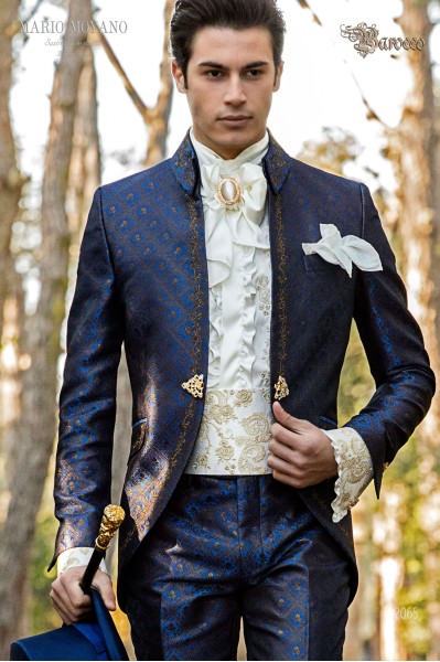 Abito da sposo barocco, redingote vintage collo Napoleone in tessuto jacquard blu con ricami dorati