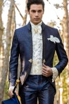 Abito da sposo barocco, redingote vintage collo Napoleone in tessuto jacquard blu con ricami dorati