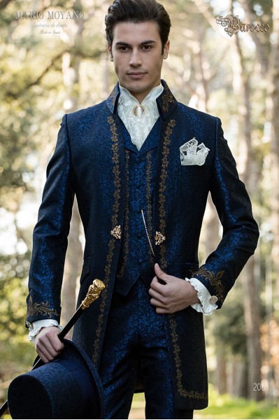 Costume de marié baroque, redingote col Napoléon vintage en tissu jacquard bleu avec broderie en d'or et fermoir en cristal