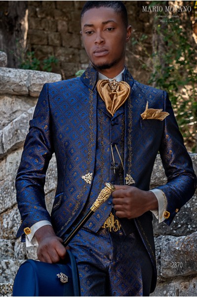 Blue with gold brocade Baroque  frock coat with gold floral embroidery with napoleon collar