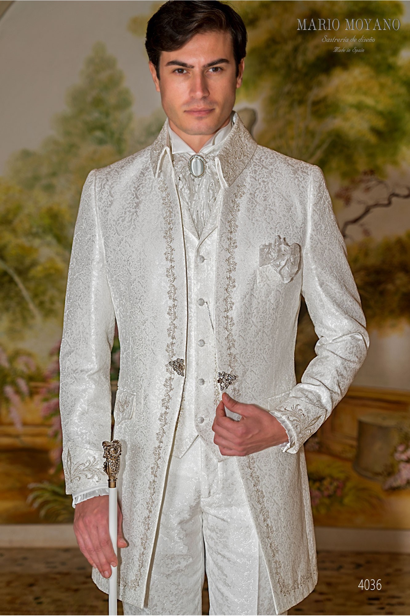 Baroque groom suit, vintage Napoleon collar frock coat in white brocade fabric with silver embroidery and crystal clasp