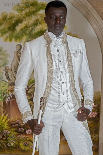 Costume de mariage baroque, redingote vintage en tissu de brocart floral blanc avec strass doré