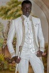 Baroque wedding suit, vintage frock coat in white floral brocade fabric with gold rhinestones
