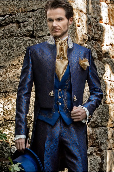 Vintage tailcoat groom suit in blue-gold brocade fabric with Mao collar with rhinestones