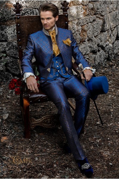 Vintage tailcoat groom suit in blue-gold brocade fabric with Mao collar with rhinestones 2028