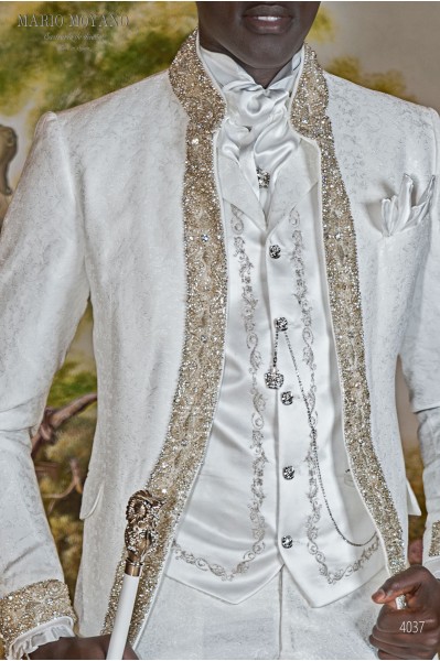 Baroque wedding suit, white frock coat with finest gold rhinestones
