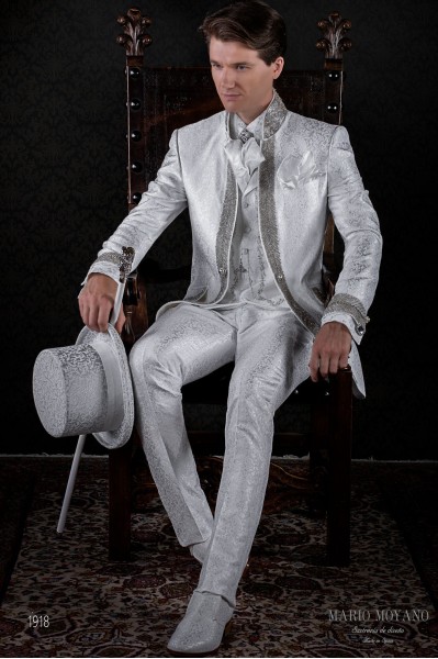Baroque wedding suit, vintage frock coat in white floral brocade fabric with silver rhinestones 1918 Mario Moyano