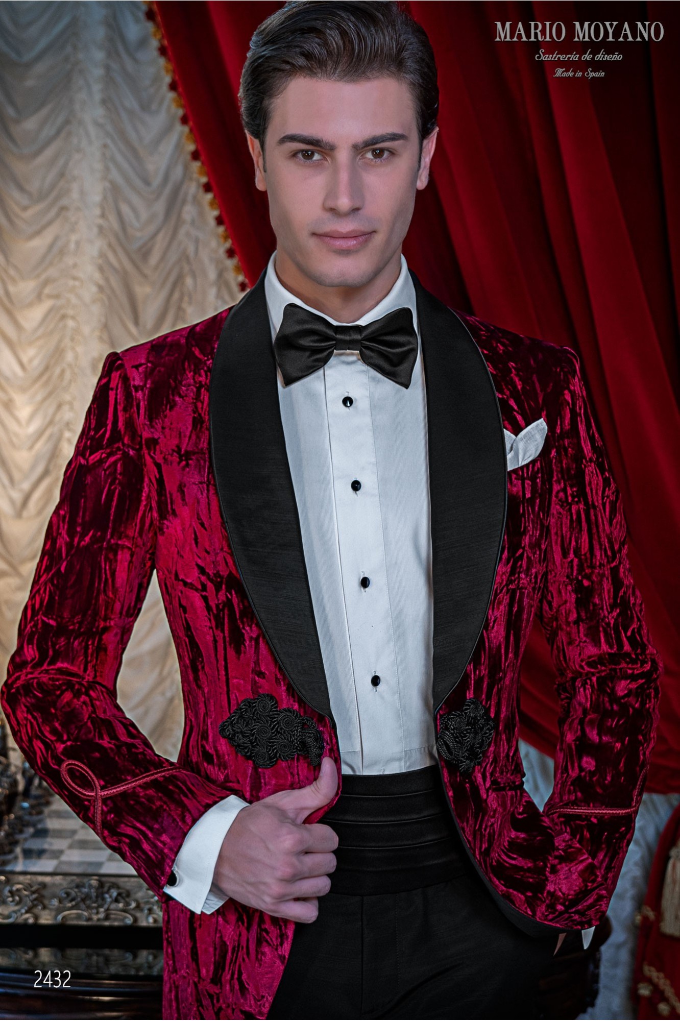 Bespoke red velvet tuxedo with satin shawl lapels model 2431 Mario Moyano