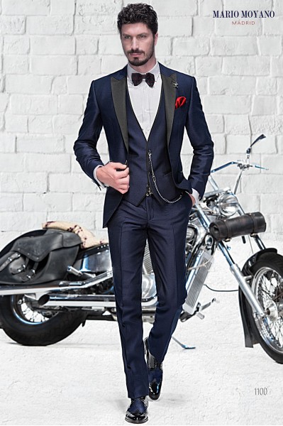 Bespoke blue modern groom suit with black peak lapels 1100 Mario Moyano