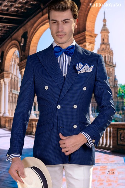 Blauer Zweireihiger Anzug mit Hahnentrittmuster Modell 2545 Mario Moyano