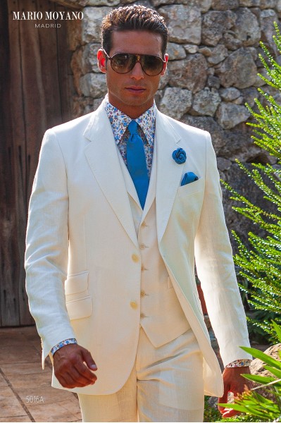 Costume de mariage en lin blanc naturel sur mesure coupe slim 5016A Mario Moyano