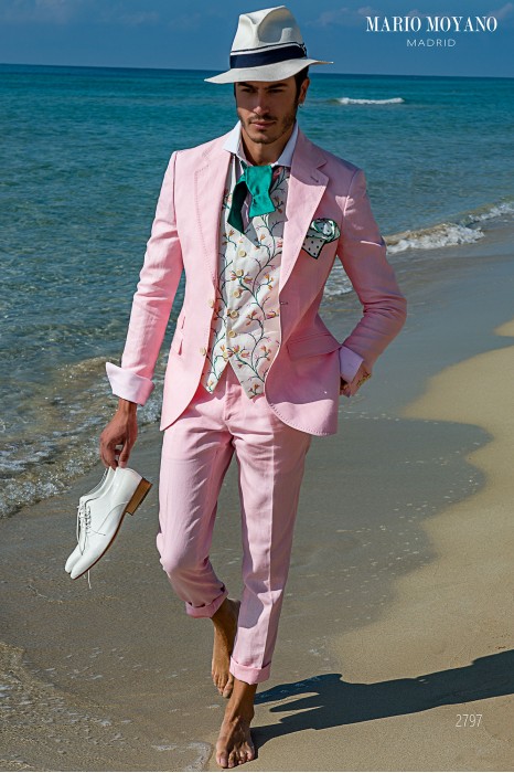 Costume de mariage en lin rose sur mesure coupe slim 2797 Mario Moyano