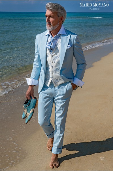 Costume de mariage en coton bleu clair sur mesure coupe slim 2801 Mario Moyano