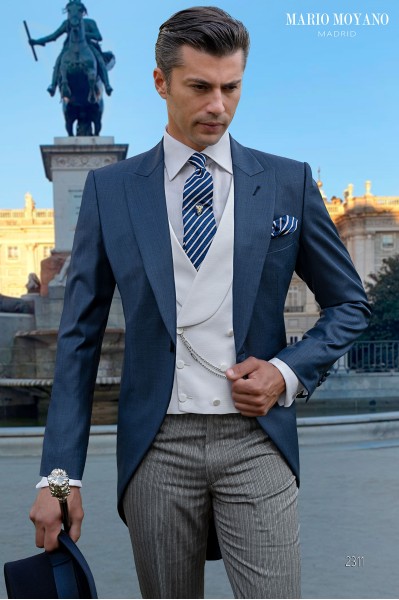 Elegant bespoke navy blue fil-a-fil pure wool wedding morning suit 2311 Mario Moyano