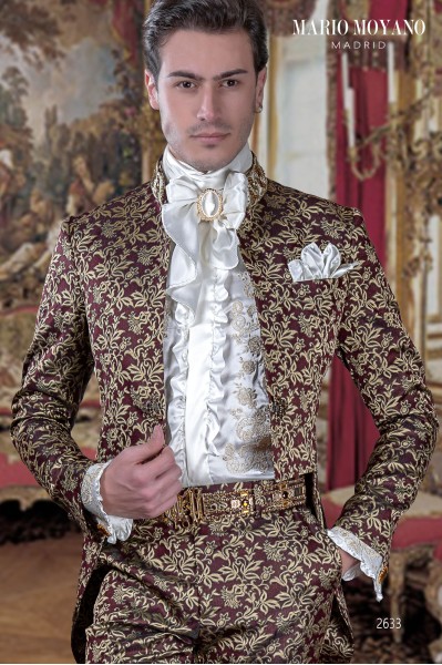 Baroque groom's suit, red and gold jacquard fabric with Mao collar