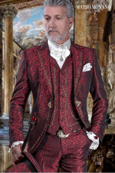 Baroque era groom's suit in red jacquard fabric with gold embroidery